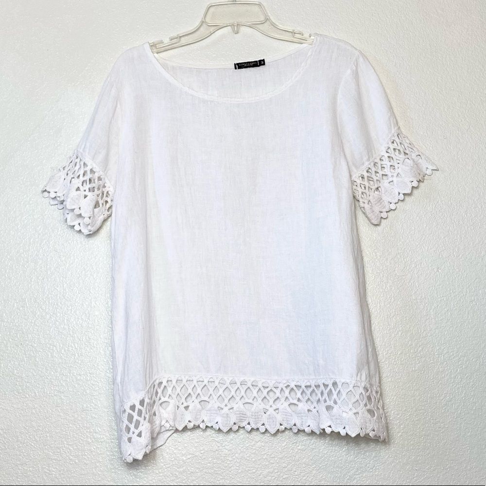 Lungo L’arno White Linen Lace Trim Hem Short Sleeve Blouse